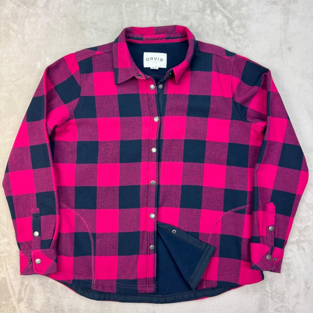 Orvis Flannel Shirt Womens XL Pink Buffalo Plaid Fleece Lined Snap Front Shacket
